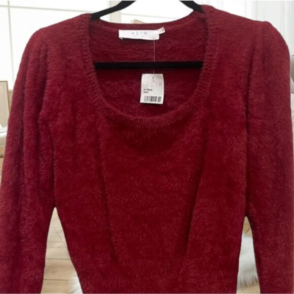 ASTR THE LABEL SQUARE NECK BURGUNDY WINE OX BLOOD FUZZY EYELASH SWEATER XL - Picture 8 of 16